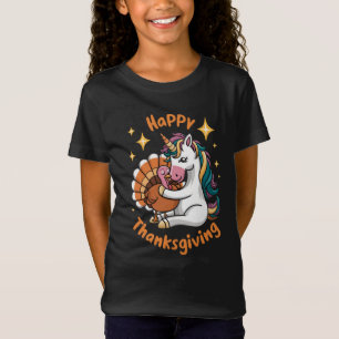 Cute Unicorn Hugs Turkey Happy Thanksgiving Girls  T-Shirt