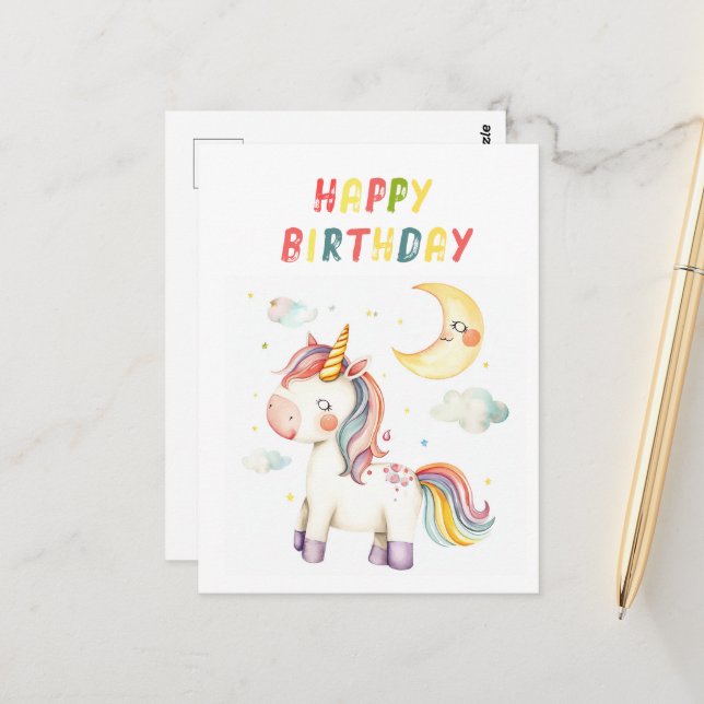 Cute Unicorn I Colourful Happy Birthday Postcard (Front/Back In Situ)
