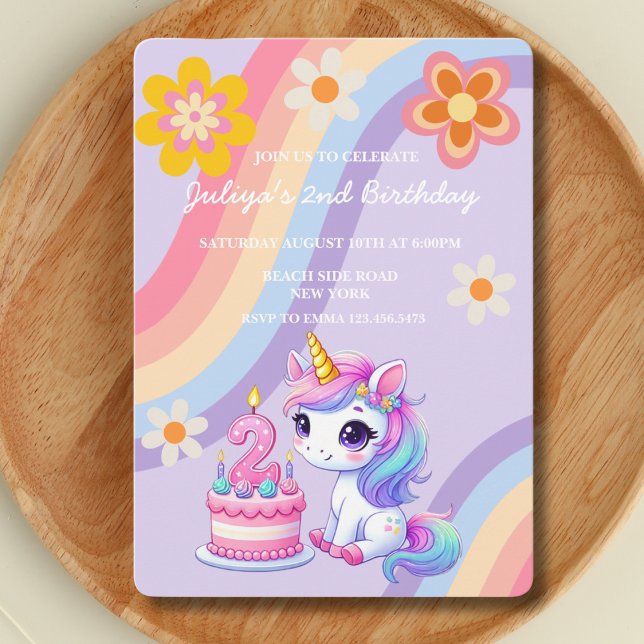 Cute Unicorn in a Retro Rainbow 2nd Birthday  Invitation (Creator Uploaded)