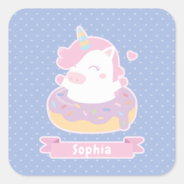 Cute Unicorn in Doughnut Girls Name Stickers (Front)