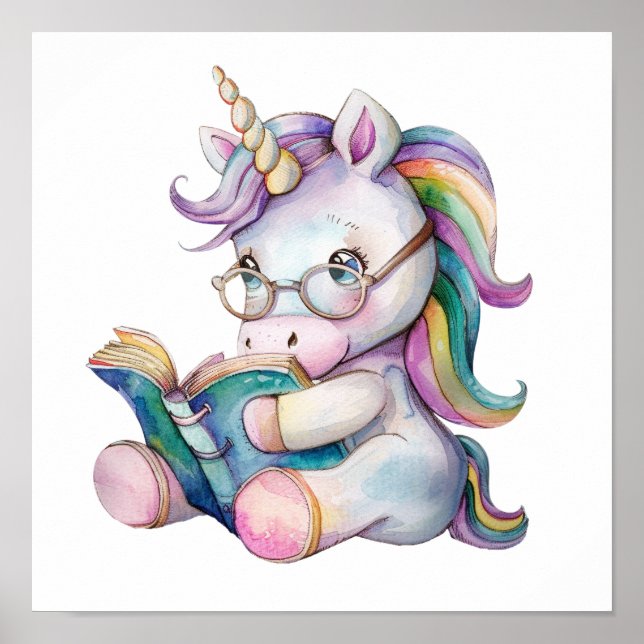 Cute Unicorn in Eyeglasses Reading a Book Poster (Front)
