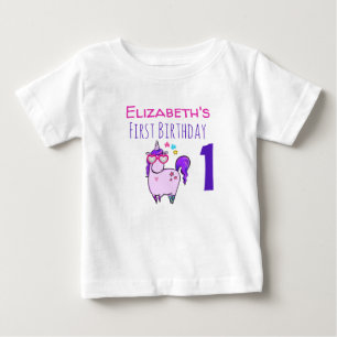 Cute Unicorn in Heart Shaped Glasses 1st Birthday Baby T-Shirt