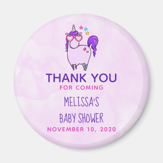 Cute Unicorn in Heart Shaped Glasses Baby Shower Magnet (Front)