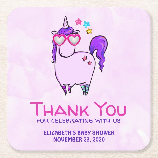 Cute Unicorn in Heart Shaped Glasses Baby Shower Square Paper Coaster (Front)