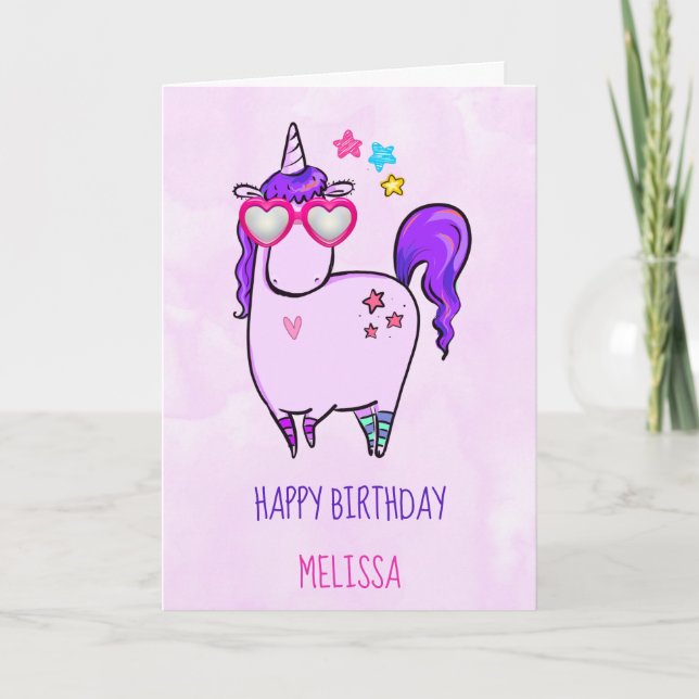 Cute Unicorn in Heart Shaped Glasses Birthday Card (Front)