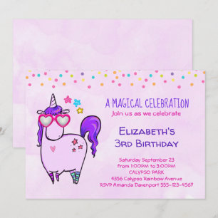 Cute Unicorn in Heart Shaped Glasses Birthday Invitation