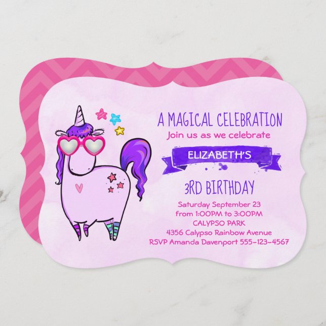 Cute Unicorn in Heart Shaped Glasses Birthday Invitation (Front/Back)