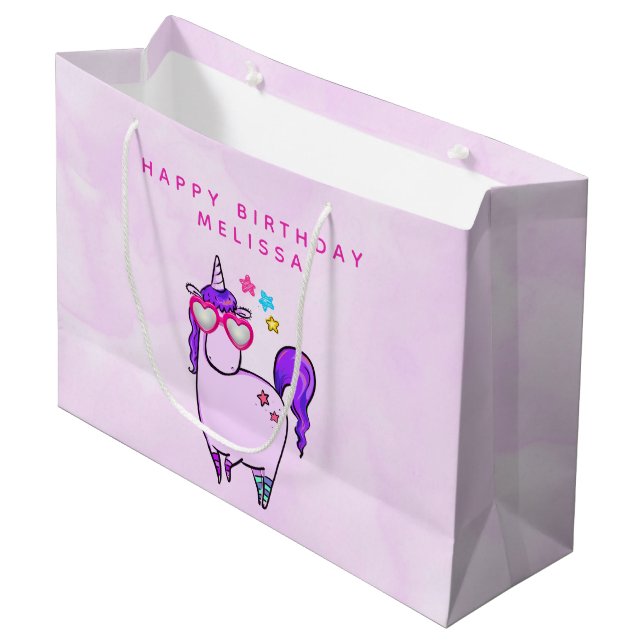 Cute Unicorn in Heart Shaped Glasses Birthday Large Gift Bag (Front Angled)