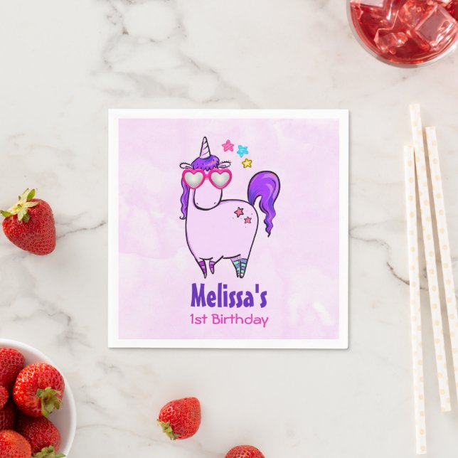 Cute Unicorn in Heart Shaped Glasses Birthday Napkin (Insitu)