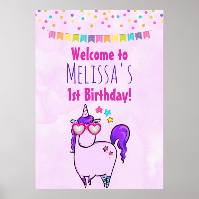 Cute Unicorn in Heart Shaped Glasses Birthday Poster (Front)