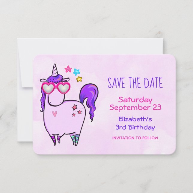 Cute Unicorn in Heart Shaped Glasses Birthday Save The Date (Front)
