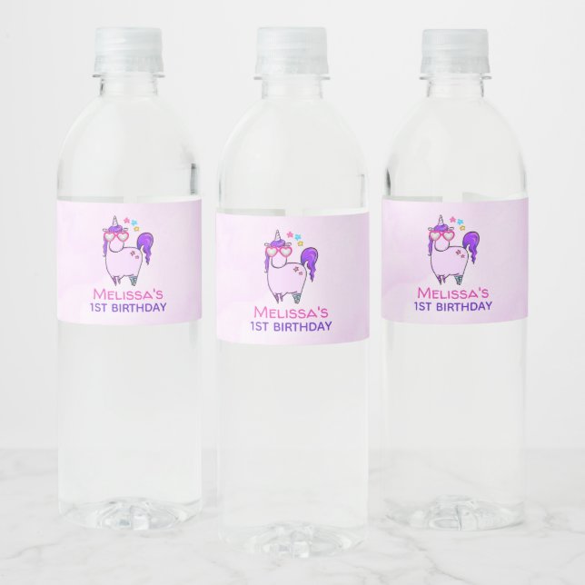 Cute Unicorn in Heart Shaped Glasses Birthday Water Bottle Label (Bottles)