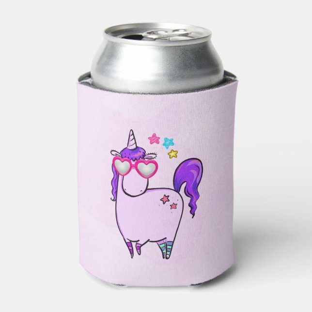 Cute Unicorn in Heart Shaped Glasses Can Cooler (Can Front)