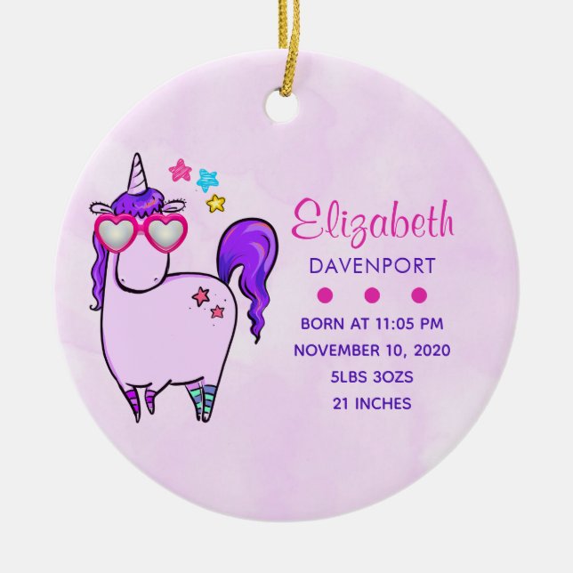Cute Unicorn in Heart Shaped Glasses Ceramic Tree Decoration (Front)