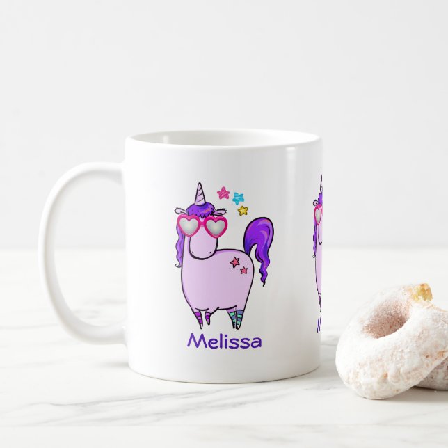 Cute Unicorn in Heart Shaped Glasses Coffee Mug (With Donut)