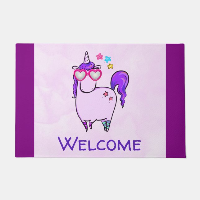 Cute Unicorn in Heart Shaped Glasses Doormat (Front)