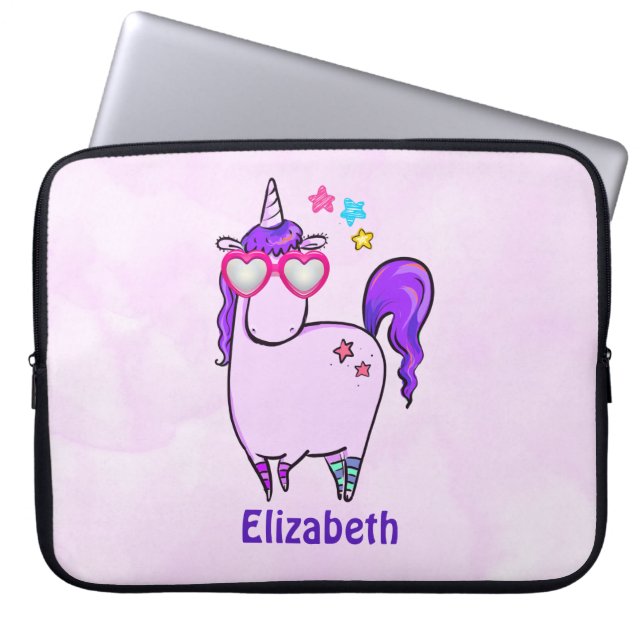 Cute Unicorn in Heart Shaped Glasses Laptop Sleeve (Front)