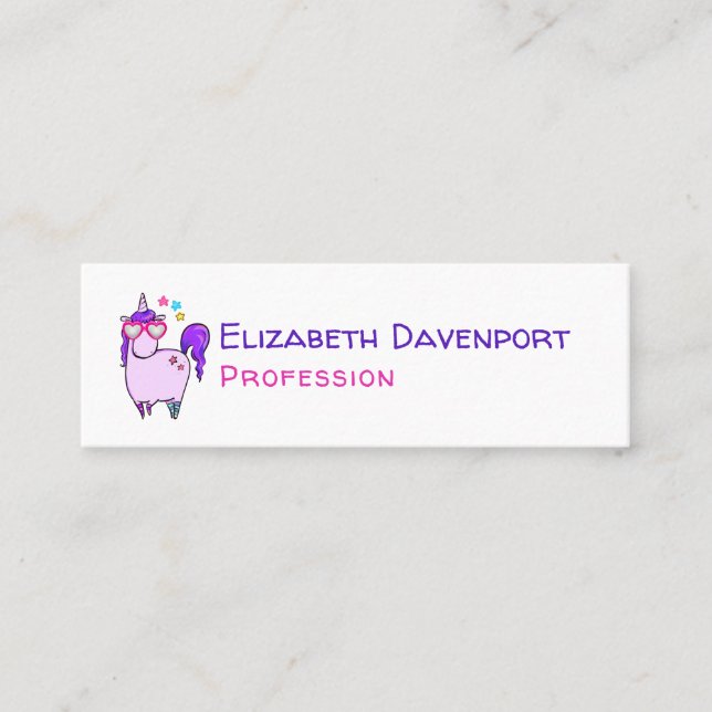 Cute Unicorn in Heart Shaped Glasses Mini Business Card (Front)