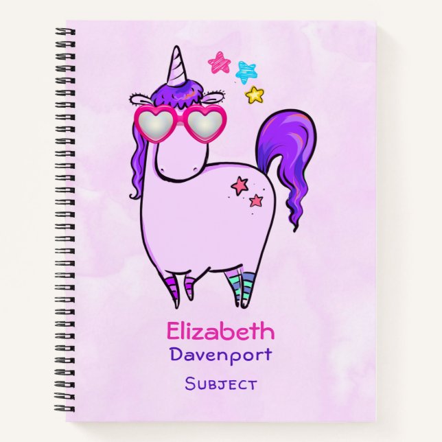 Cute Unicorn in Heart Shaped Glasses Notebook (Front)