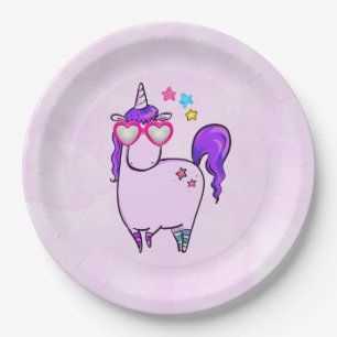 Cute Unicorn in Heart Shaped Glasses Paper Plate
