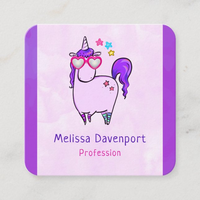 Cute Unicorn in Heart Shaped Glasses Square Business Card (Front)