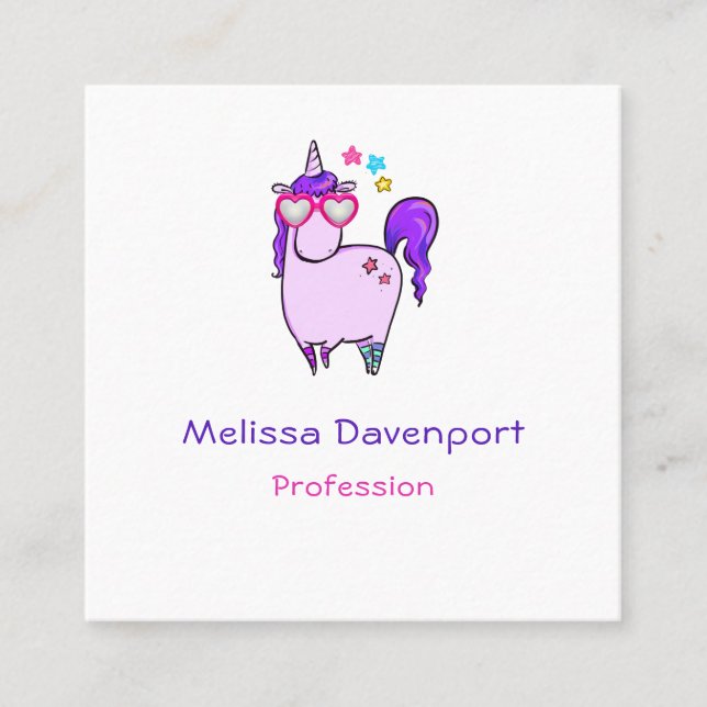 Cute Unicorn in Heart Shaped Glasses Square Business Card (Front)
