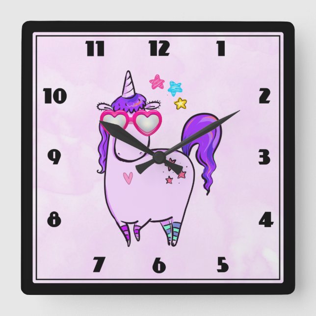 Cute Unicorn in Heart Shaped Glasses Square Wall Clock (Front)