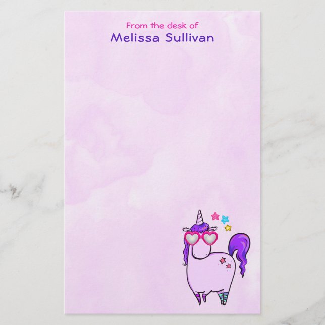 Cute Unicorn in Heart Shaped Glasses Stationery (Front)