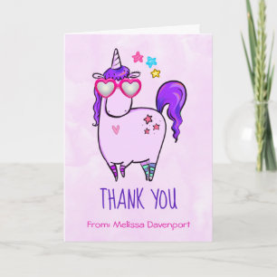 Cute Unicorn in Heart Shaped Glasses Thank You Card