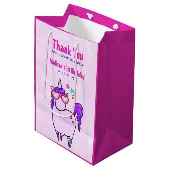 Cute Unicorn in Heart Shaped Glasses Thank You Medium Gift Bag (Front Angled)
