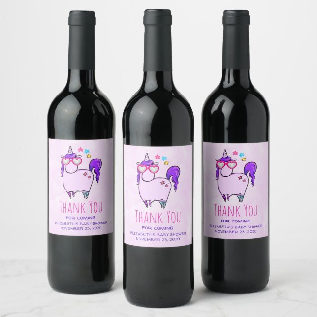 Cute Unicorn in Heart Shaped Glasses Thank You Wine Label (Bottles)