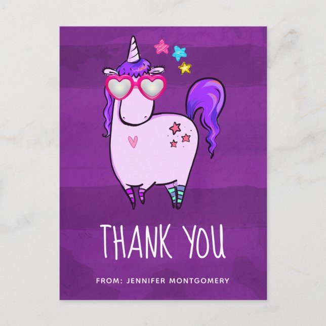 Cute Unicorn in Heart Shaped GlassesThank You Postcard (Front)