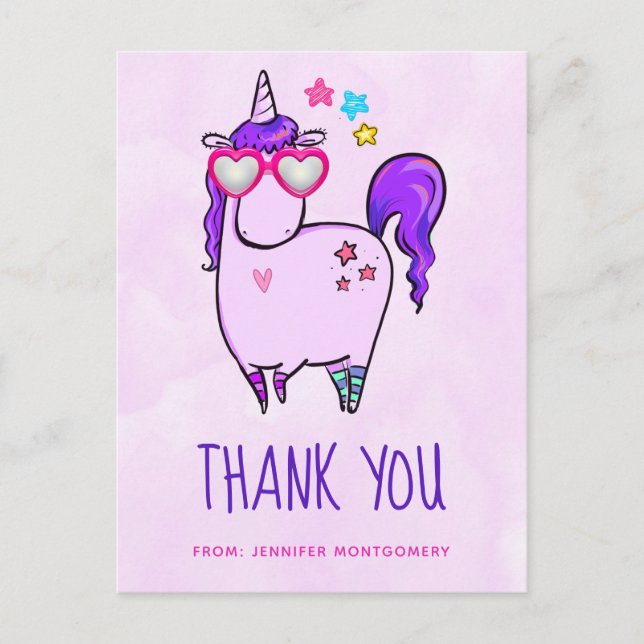 Cute Unicorn in Heart Shaped GlassesThank You Postcard (Front)