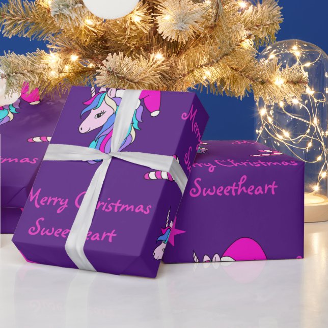 Cute Unicorn in Pink Santa Hat for Christmas Wrapping Paper (Holidays)
