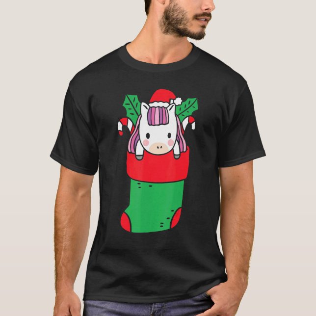 Cute Unicorn Inside Christmas Sock With Candy Cane T-Shirt (Front)