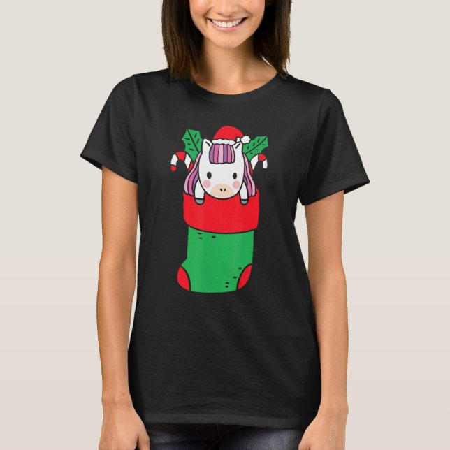 Cute Unicorn Inside Christmas Sock With Candy Cane T-Shirt (Front)