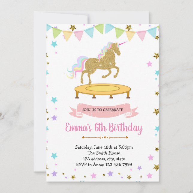 Cute unicorn jump theme invitation (Front)