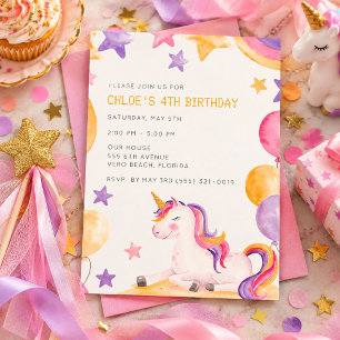 Cute Unicorn Kids Girl Birthday Party Invitation