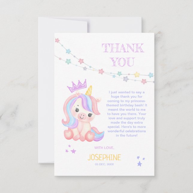 Cute Unicorn Magical Banner Kids Birthday  Thank You Card (Front)