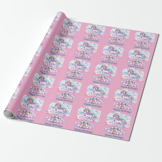 Cute Unicorn Magical Castle Girl Birthday Wrapping Paper (Unrolled)