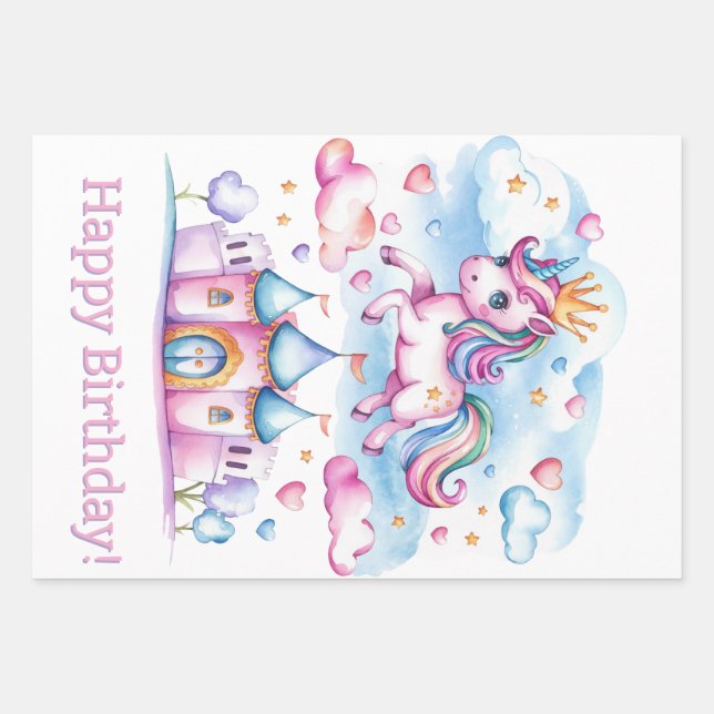 Cute Unicorn Magical Castle Girl Birthday Wrapping Paper Sheet (Front)
