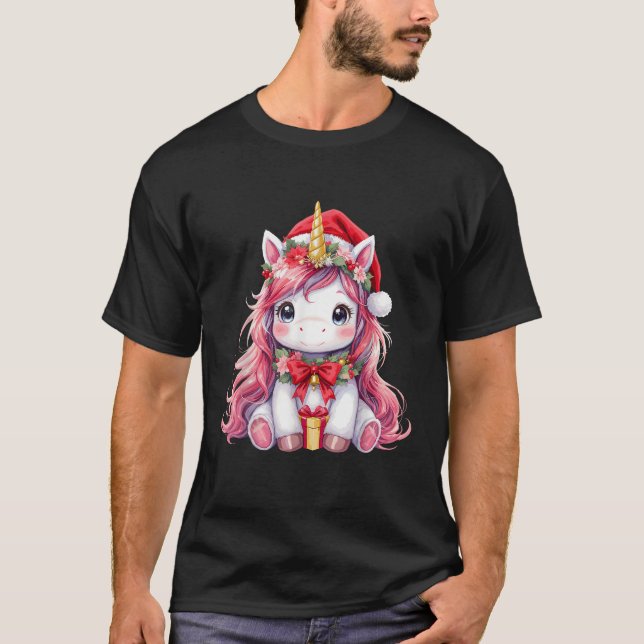 Cute Unicorn Magical Christmas Girls Kids Santa Xm T-Shirt (Front)