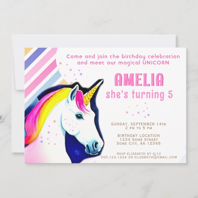 Cute Unicorn Magical Girl Birthday Invitation (Front)