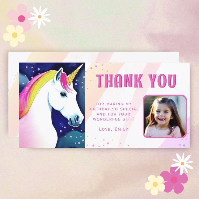 Cute Unicorn Magical Girl Birthday Photo Thank You Card (Creator Uploaded)