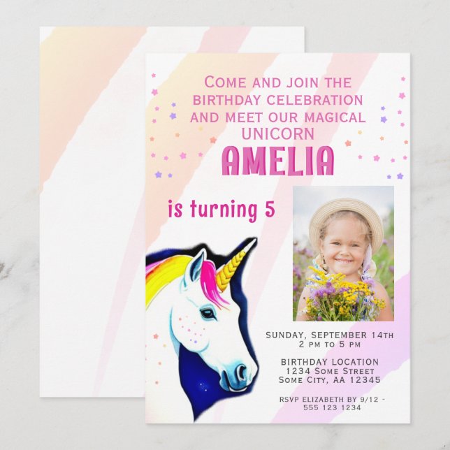 Cute Unicorn Magical Girl Photo Birthday  Invitation (Front/Back)