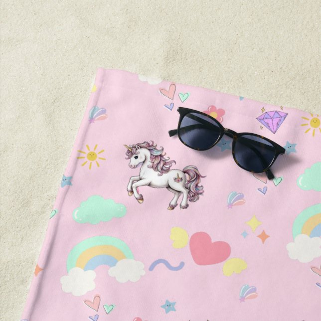 Cute unicorn magical princess  girly birthday kids beach towel (In Situ)