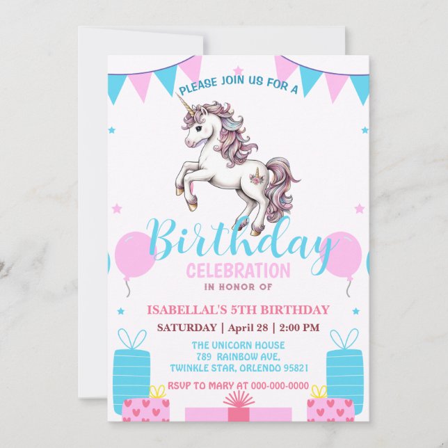 Cute unicorn magical princess  girly birthday kids save the date (Front)