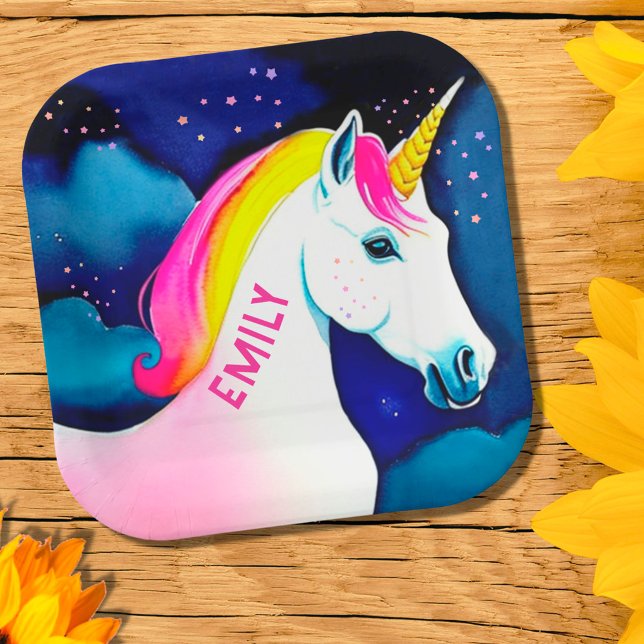 Cute Unicorn Magical Star Girl Name Birthday  Paper Plate (Creator Uploaded)