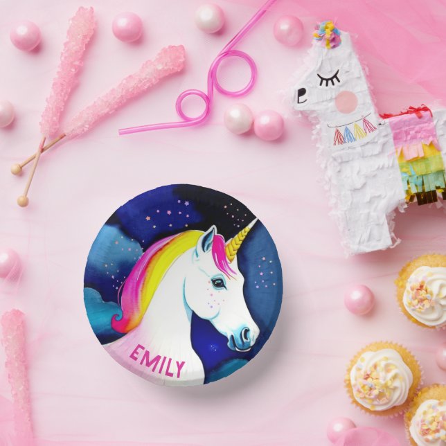 Cute Unicorn Magical Star Girl Name Birthday  Paper Plate (Party)