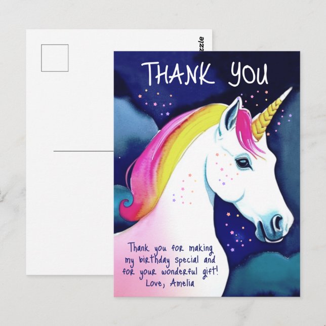 Cute Unicorn Magical Stars Girl Birthday Thank you Postcard (Front/Back)